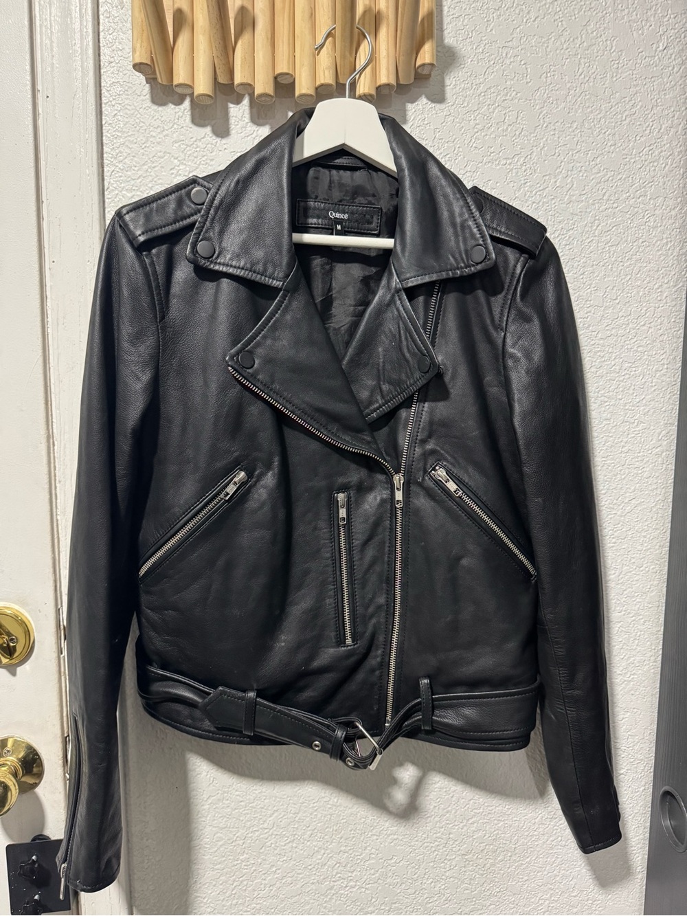 Quince Black Leather Biker Jacket with Silver Hardware